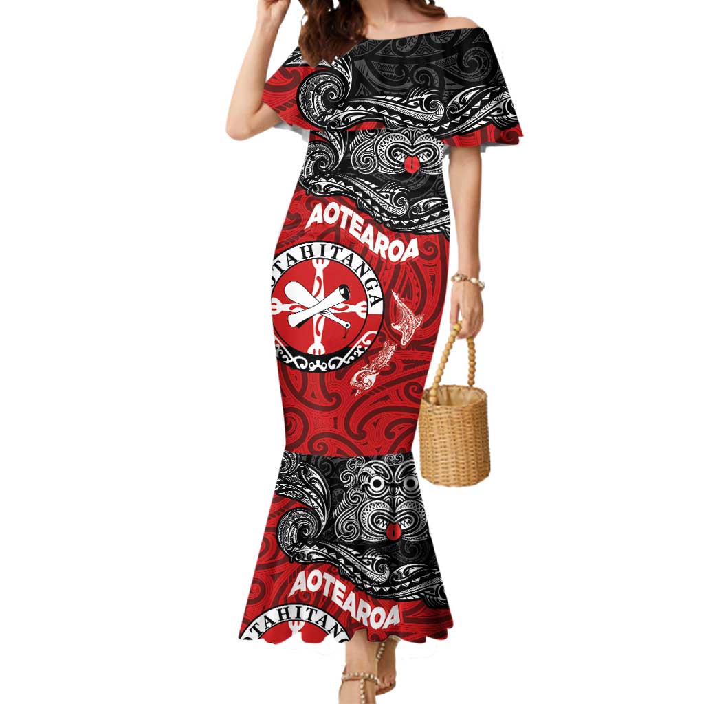 Maori Kotahitanga Mermaid Dress Aotearoa Spirit with Maori Mask and Polynesian Art Tattoo LT03 Women Red - Polynesian Pride