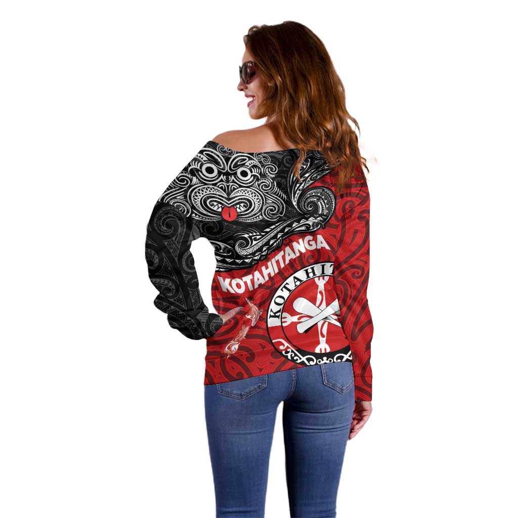 Maori Kotahitanga Off Shoulder Sweater Aotearoa Spirit with Maori Mask and Polynesian Art Tattoo LT03 - Polynesian Pride