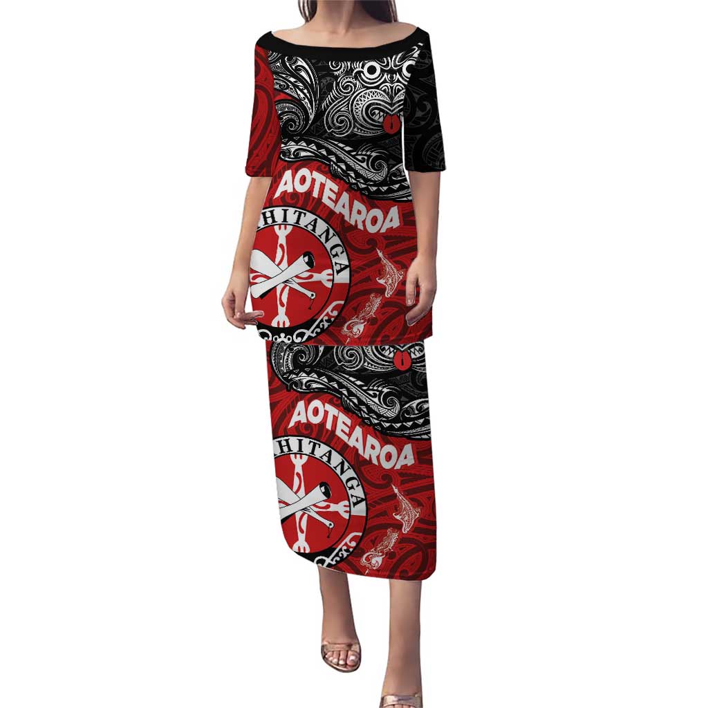 Maori Kotahitanga Puletasi Aotearoa Spirit with Maori Mask and Polynesian Art Tattoo LT03 Long Dress Red - Polynesian Pride