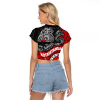 Maori Kotahitanga Raglan Cropped T Shirt Aotearoa Spirit with Maori Mask and Polynesian Art Tattoo LT03 - Polynesian Pride