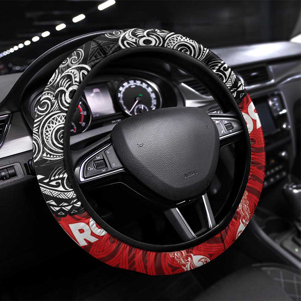 Maori Kotahitanga Steering Wheel Cover Aotearoa Spirit with Maori Mask and Polynesian Art Tattoo LT03 Universal Fit Red - Polynesian Pride