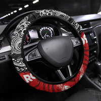 Maori Kotahitanga Steering Wheel Cover Aotearoa Spirit with Maori Mask and Polynesian Art Tattoo LT03 Universal Fit Red - Polynesian Pride