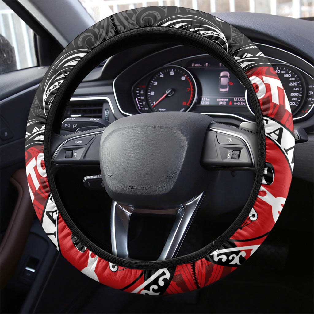 Maori Kotahitanga Steering Wheel Cover Aotearoa Spirit with Maori Mask and Polynesian Art Tattoo LT03 - Polynesian Pride