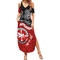 Maori Kotahitanga Summer Maxi Dress Aotearoa Spirit with Maori Mask and Polynesian Art Tattoo LT03 Women Red - Polynesian Pride