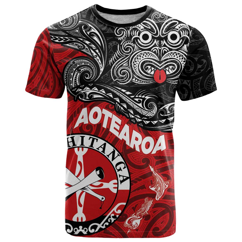 Maori Kotahitanga T Shirt Aotearoa Spirit with Maori Mask and Polynesian Art Tattoo LT03 Red - Polynesian Pride