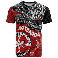 Maori Kotahitanga T Shirt Aotearoa Spirit with Maori Mask and Polynesian Art Tattoo LT03 Red - Polynesian Pride
