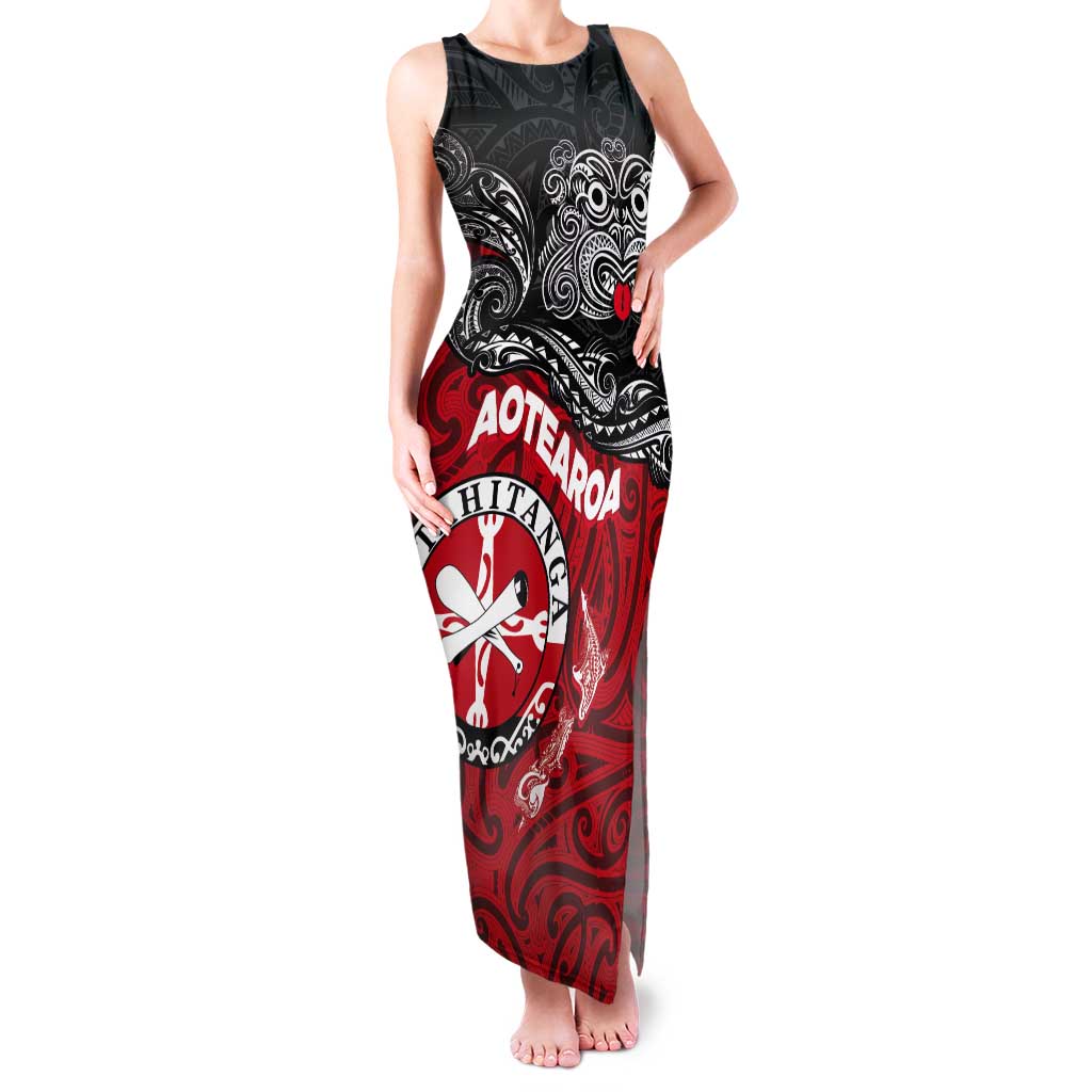 Maori Kotahitanga Tank Maxi Dress Aotearoa Spirit with Maori Mask and Polynesian Art Tattoo LT03 Women Red - Polynesian Pride