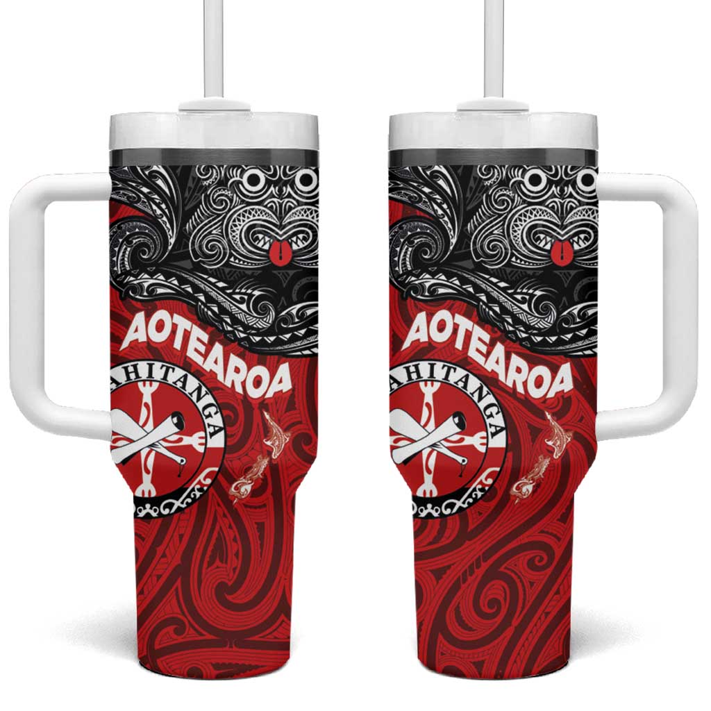 Maori Kotahitanga Tumbler With Handle Aotearoa Spirit with Maori Mask and Polynesian Art Tattoo LT03 One Size: 40 oz Red - Polynesian Pride