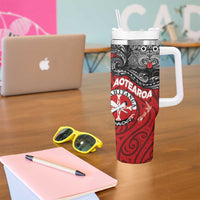 Maori Kotahitanga Tumbler With Handle Aotearoa Spirit with Maori Mask and Polynesian Art Tattoo LT03 - Polynesian Pride