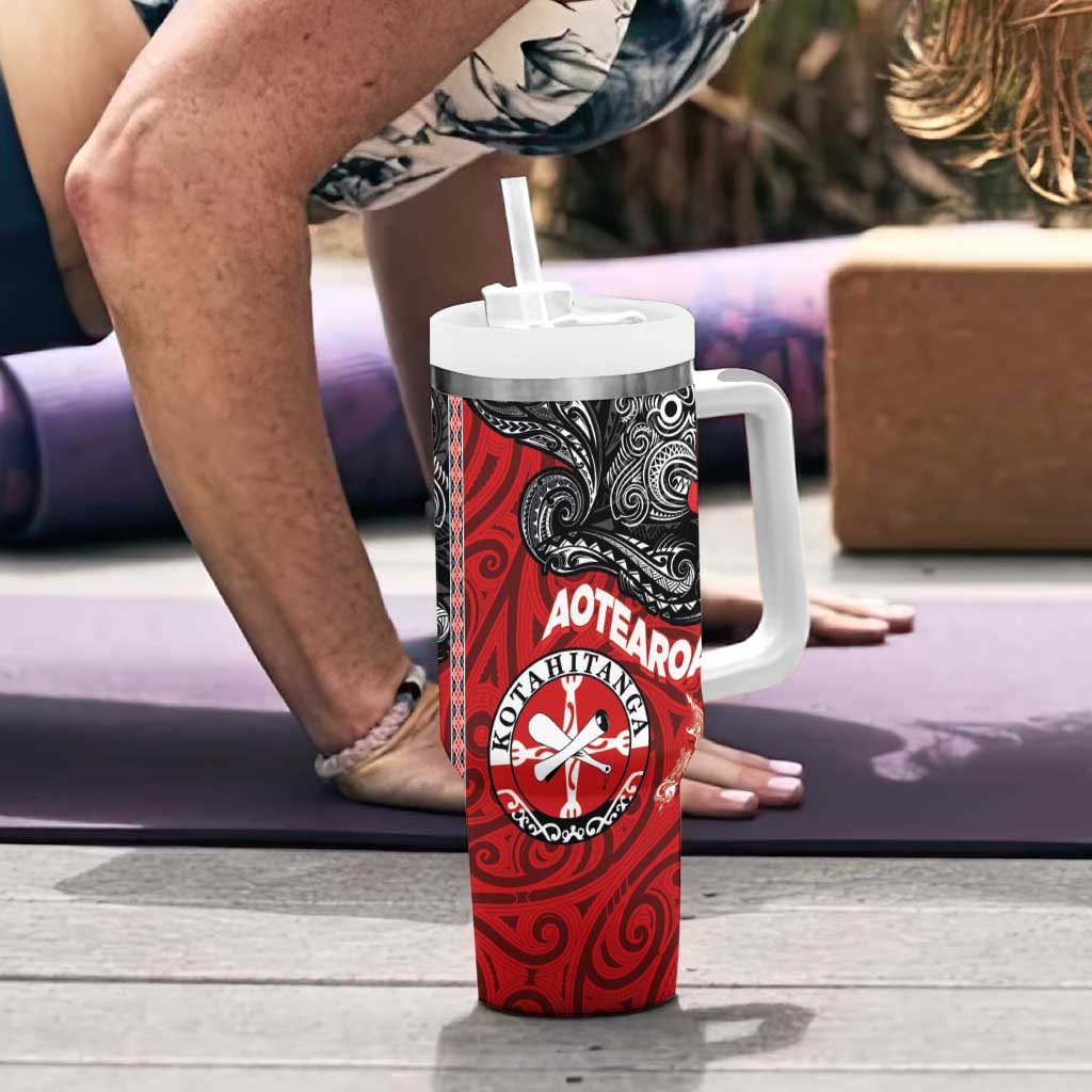 Maori Kotahitanga Tumbler With Handle Aotearoa Spirit with Maori Mask and Polynesian Art Tattoo LT03 - Polynesian Pride