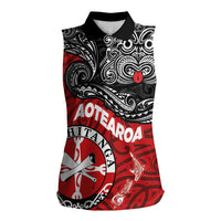 Maori Kotahitanga Women Sleeveless Polo Shirt Aotearoa Spirit with Maori Mask and Polynesian Art Tattoo LT03 Female Red - Polynesian Pride