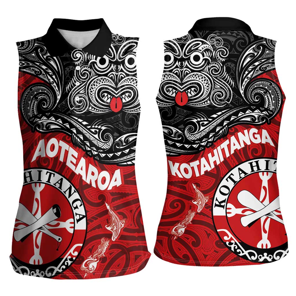 Maori Kotahitanga Women Sleeveless Polo Shirt Aotearoa Spirit with Maori Mask and Polynesian Art Tattoo LT03 - Polynesian Pride