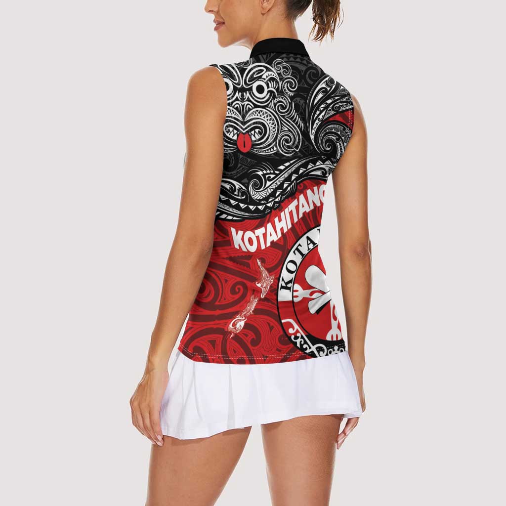 Maori Kotahitanga Women Sleeveless Polo Shirt Aotearoa Spirit with Maori Mask and Polynesian Art Tattoo LT03 - Polynesian Pride
