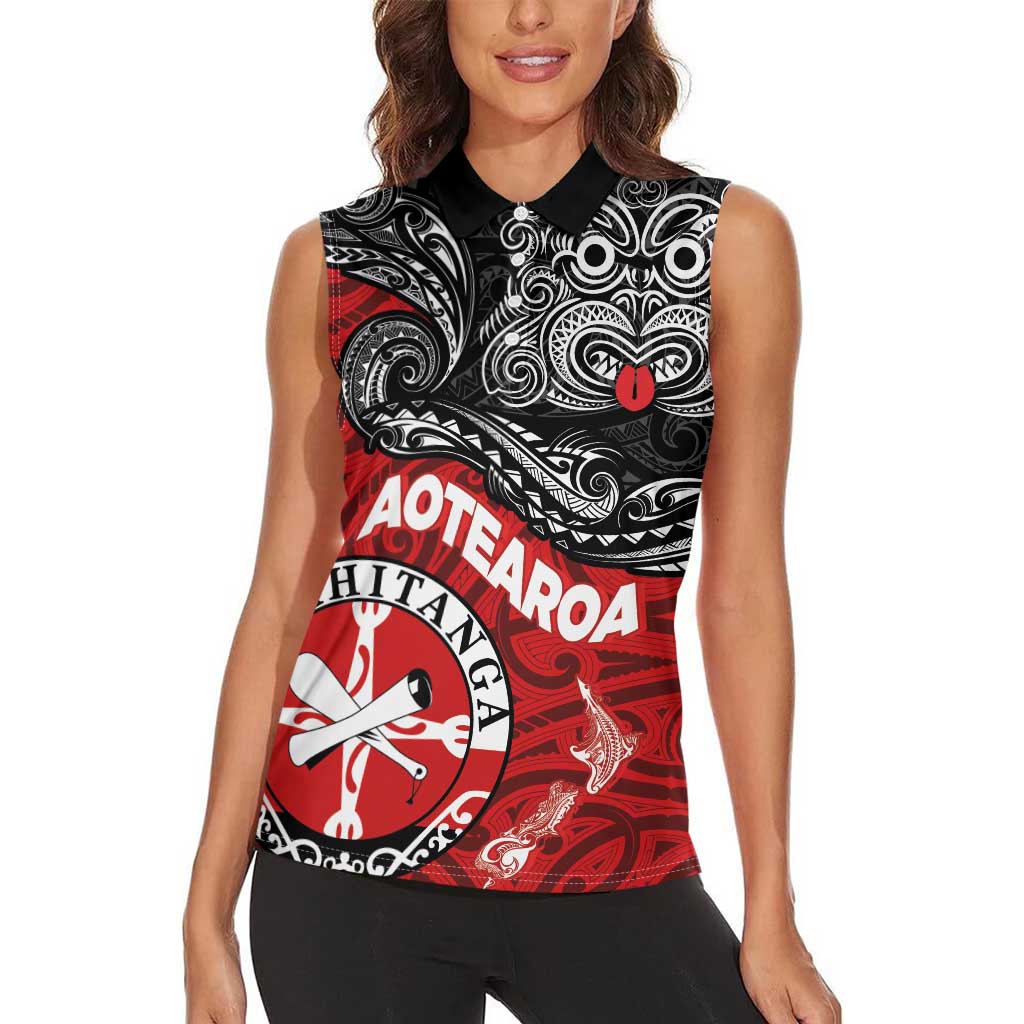 Maori Kotahitanga Women Sleeveless Polo Shirt Aotearoa Spirit with Maori Mask and Polynesian Art Tattoo LT03 - Polynesian Pride