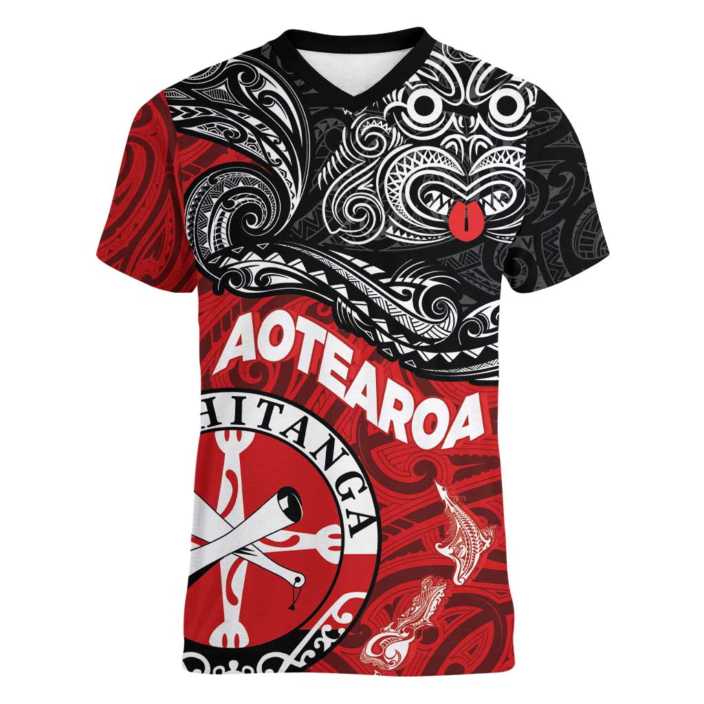 Maori Kotahitanga Women V-Neck T-Shirt Aotearoa Spirit with Maori Mask and Polynesian Art Tattoo LT03 Female Red - Polynesian Pride