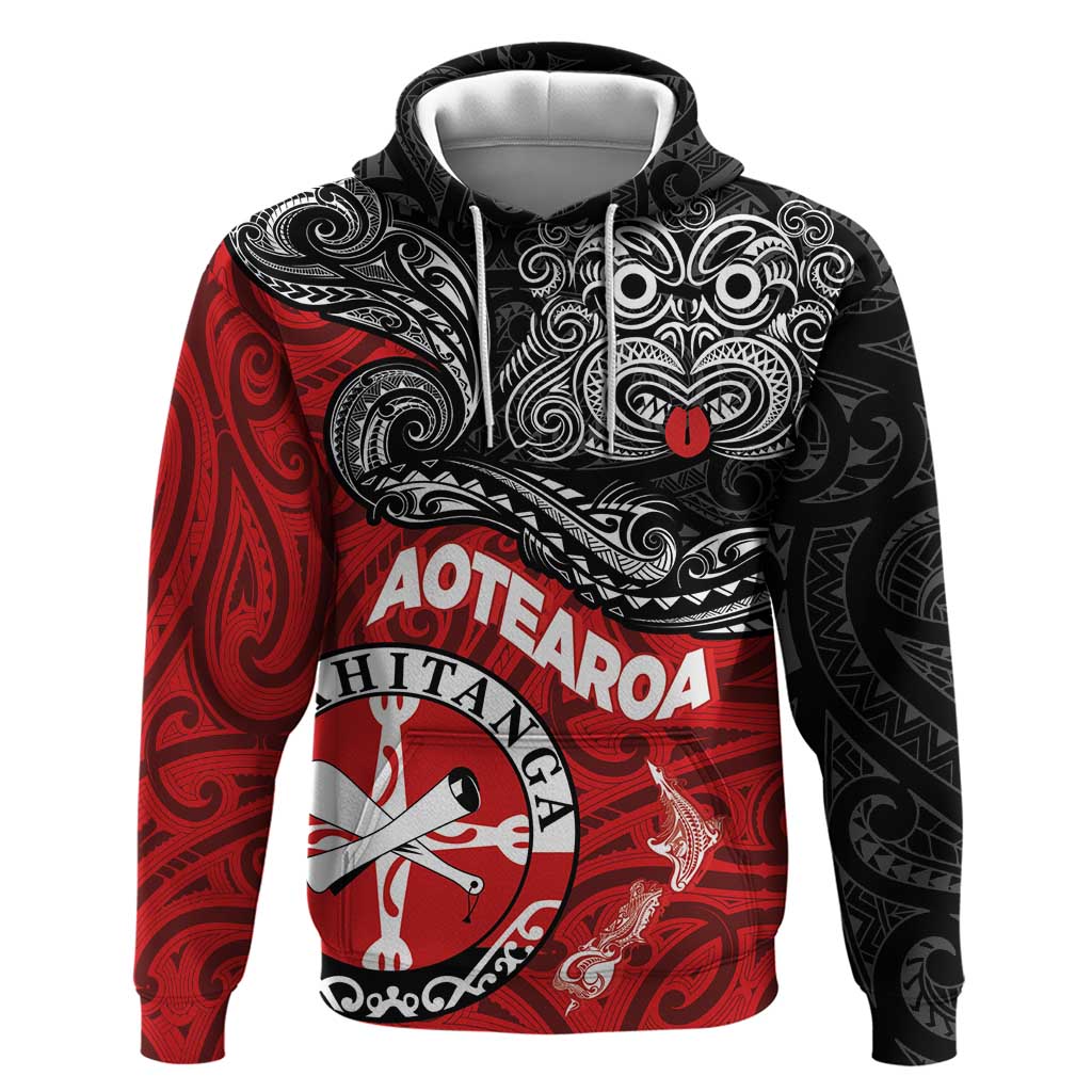 Maori Kotahitanga Zip Hoodie Aotearoa Spirit with Maori Mask and Polynesian Art Tattoo LT03 Pullover Hoodie Red - Polynesian Pride
