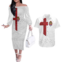 Custom Tonga Ngatu Art Rugby Mate Ma'a Couples Matching Off The Shoulder Long Sleeve Dress and Hawaiian Shirt LT03 White - Polynesian Pride