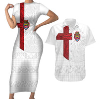 Custom Tonga Ngatu Art Rugby Mate Ma'a Couples Matching Short Sleeve Bodycon Dress and Hawaiian Shirt LT03 White - Polynesian Pride