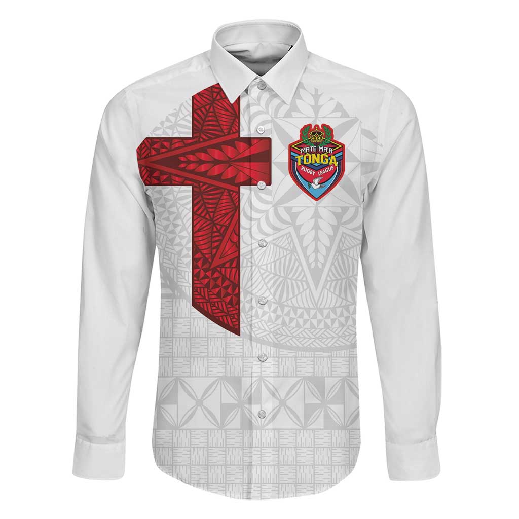 Custom Tonga Ngatu Art Rugby Mate Ma'a Family Matching Tank Maxi Dress and Hawaiian Shirt LT03 Dad's Shirt - Long Sleeve White - Polynesian Pride