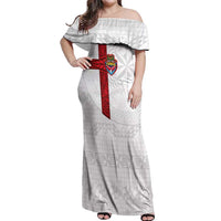 Custom Tonga Ngatu Art Rugby Mate Ma'a Off Shoulder Maxi Dress LT03 Women White - Polynesian Pride