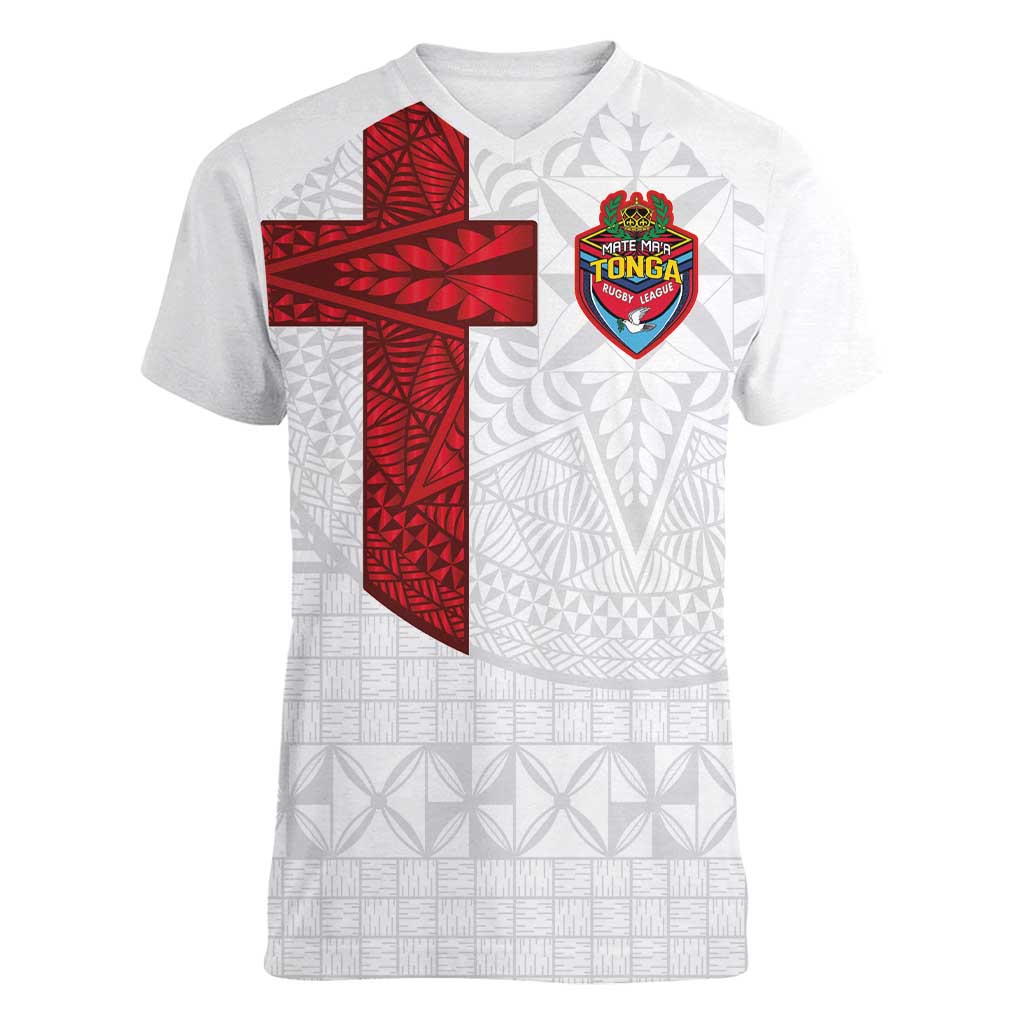 Custom Tonga Ngatu Art Rugby Mate Ma'a Women V-Neck T-Shirt - Polynesian Pride