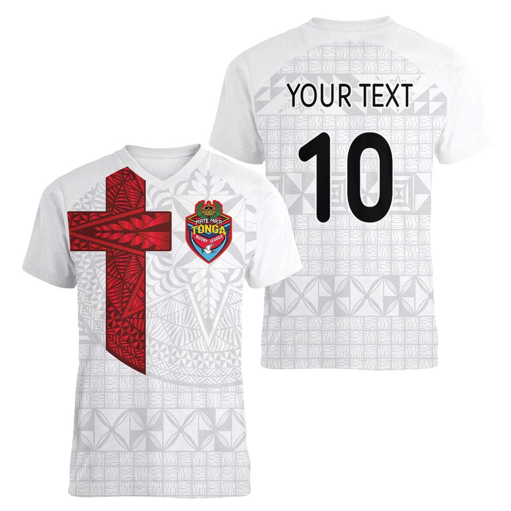 Custom Tonga Ngatu Art Rugby Mate Ma'a Women V-Neck T-Shirt - Polynesian Pride