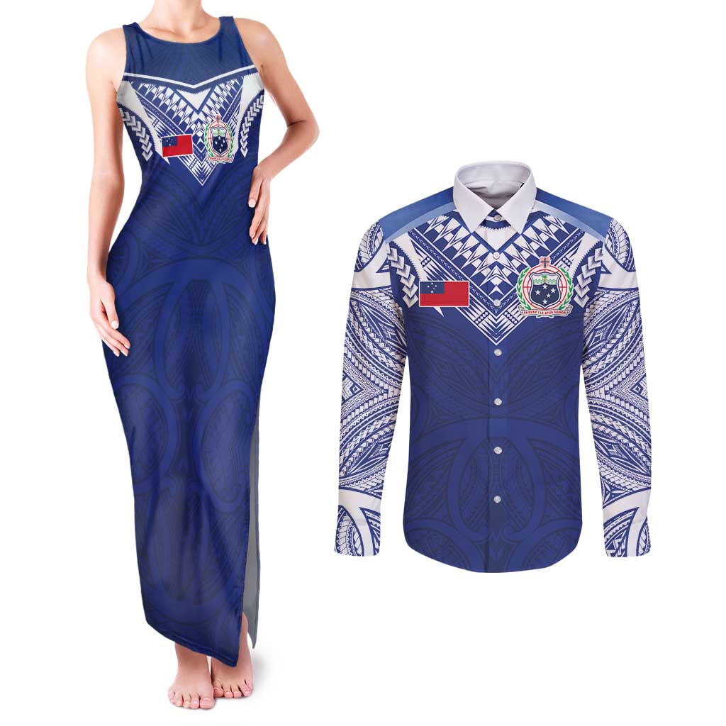 Custom Samoa Rugby Couples Matching Tank Maxi Dress and Long Sleeve Button Shirt Pacific Motifs - Polynesian Pride
