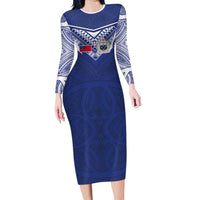 Custom Samoa Rugby Family Matching Long Sleeve Bodycon Dress and Hawaiian Shirt Pacific Motifs LT03 Mom's Dress Blue - Polynesian Pride
