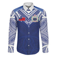 Custom Samoa Rugby Family Matching Mermaid Dress and Hawaiian Shirt Pacific Motifs LT03 Dad's Shirt - Long Sleeve Blue - Polynesian Pride