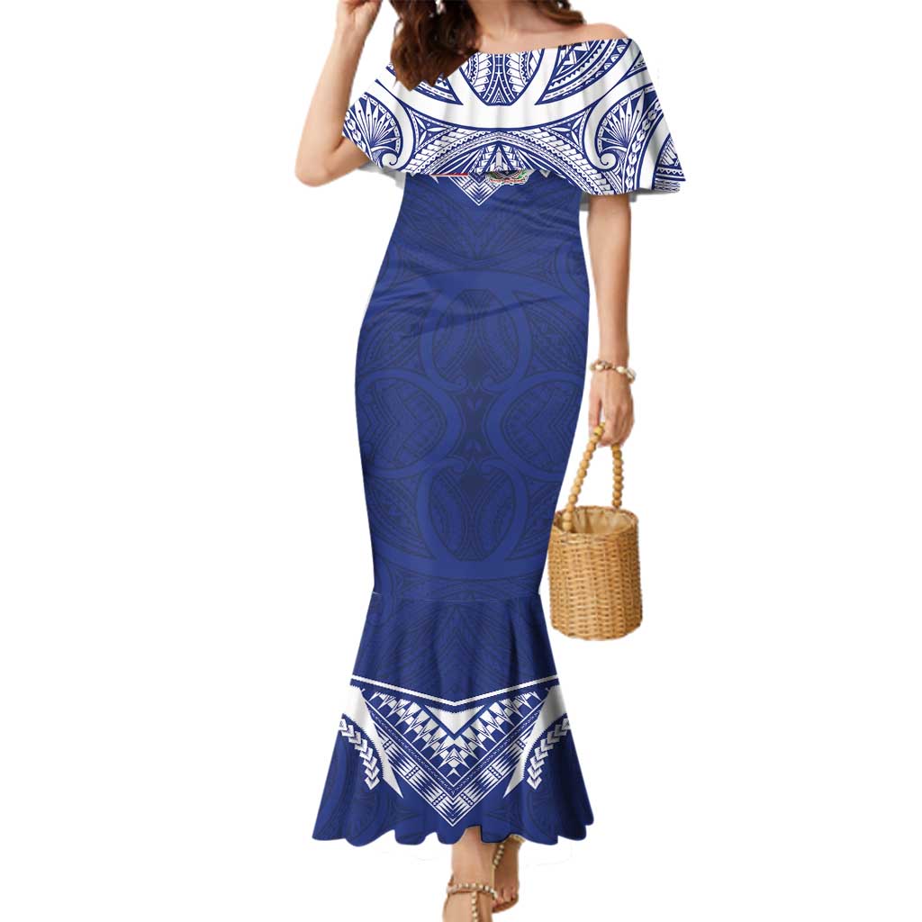 Custom Samoa Rugby Family Matching Mermaid Dress and Hawaiian Shirt Pacific Motifs LT03 Mom's Dress Blue - Polynesian Pride
