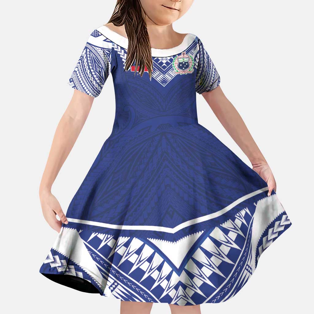 Custom Samoa Rugby Family Matching Off The Shoulder Long Sleeve Dress and Hawaiian Shirt Pacific Motifs LT03 Daughter's Dress Blue - Polynesian Pride