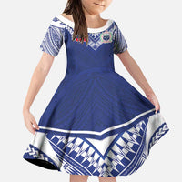 Custom Samoa Rugby Family Matching Off The Shoulder Long Sleeve Dress and Hawaiian Shirt Pacific Motifs LT03 Daughter's Dress Blue - Polynesian Pride