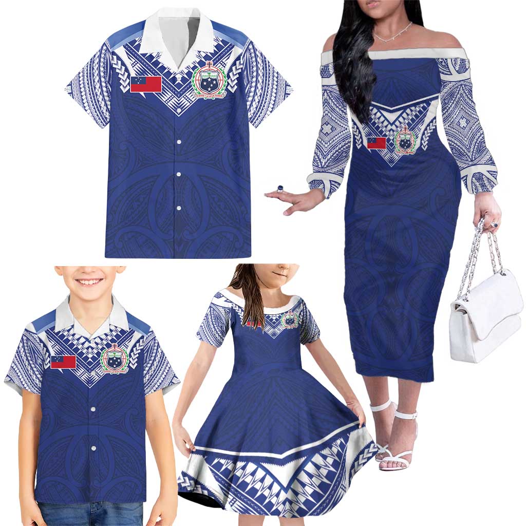 Custom Samoa Rugby Family Matching Off The Shoulder Long Sleeve Dress and Hawaiian Shirt Pacific Motifs LT03 - Polynesian Pride