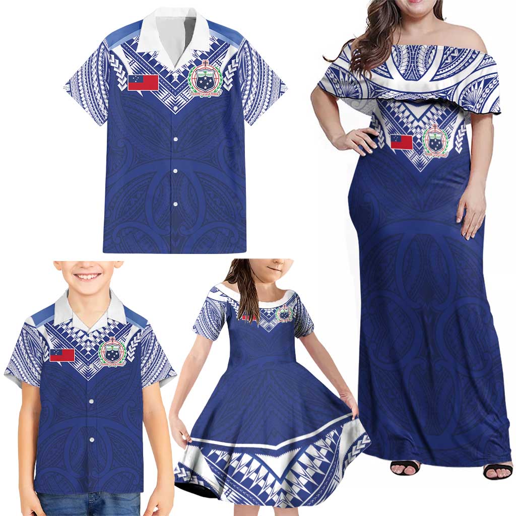 Custom Samoa Rugby Family Matching Off Shoulder Maxi Dress and Hawaiian Shirt Pacific Motifs - Polynesian Pride