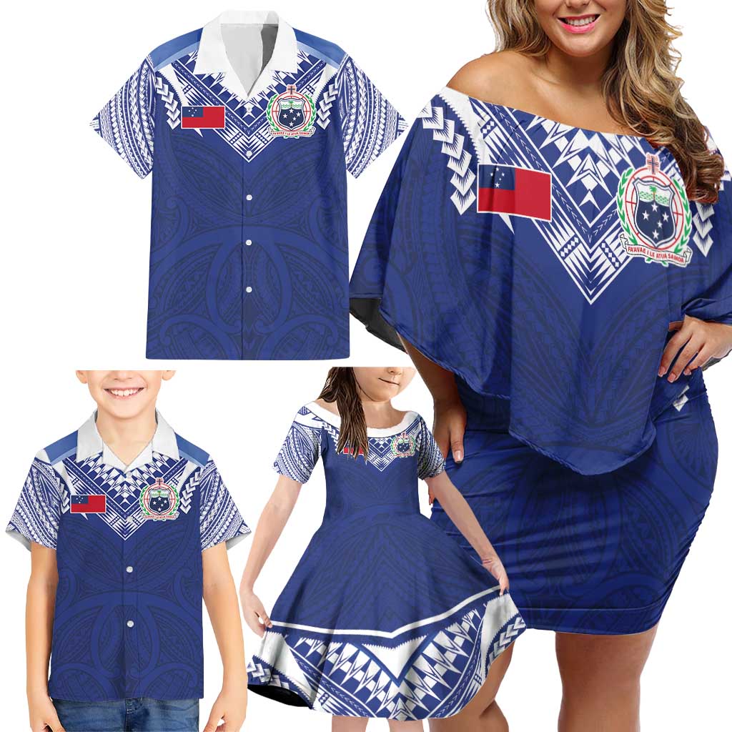 Custom Samoa Rugby Family Matching Off Shoulder Short Dress and Hawaiian Shirt Pacific Motifs - Polynesian Pride