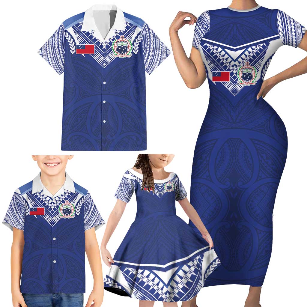 Custom Samoa Rugby Family Matching Short Sleeve Bodycon Dress and Hawaiian Shirt Pacific Motifs LT03 - Polynesian Pride