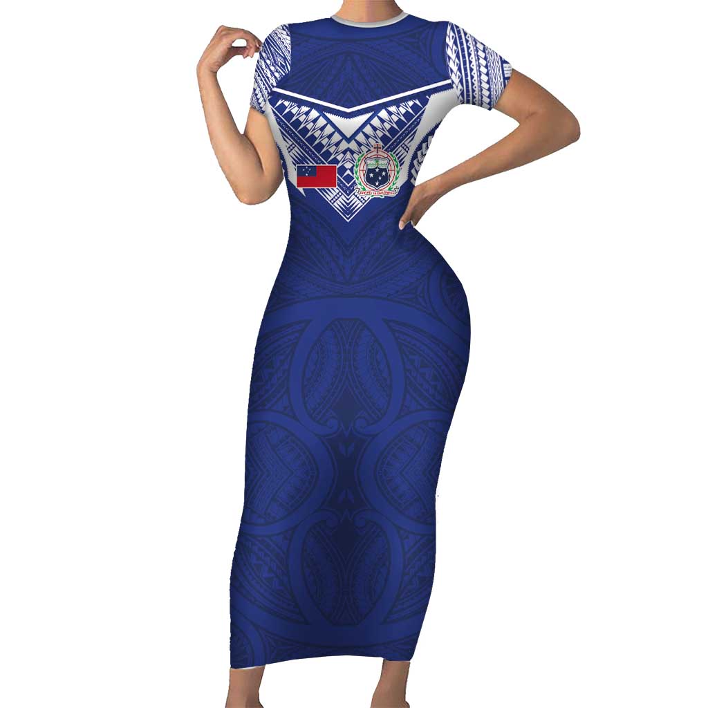 Custom Samoa Rugby Family Matching Short Sleeve Bodycon Dress and Hawaiian Shirt Pacific Motifs LT03 Mom's Dress Blue - Polynesian Pride