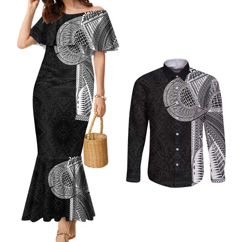 Samoan Tatau Couples Matching Mermaid Dress and Long Sleeve Button Shirt Art Tribal Traditional Tattoos LT03 Black - Polynesian Pride