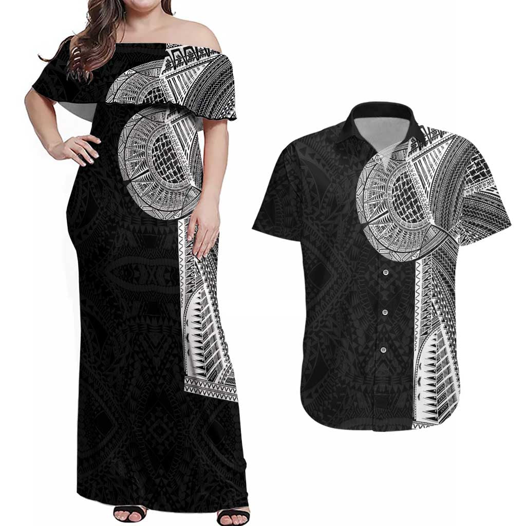 Samoan Tatau Couples Matching Off Shoulder Maxi Dress and Hawaiian Shirt Art Tribal Traditional Tattoos LT03 Black - Polynesian Pride