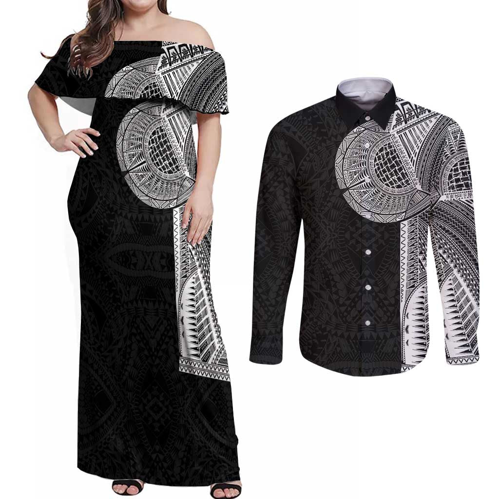 Samoan Tatau Couples Matching Off Shoulder Maxi Dress and Long Sleeve Button Shirt Art Tribal Traditional Tattoos LT03 Black - Polynesian Pride