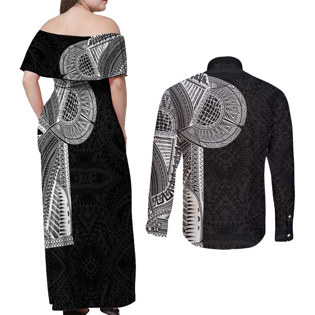 Samoan Tatau Couples Matching Off Shoulder Maxi Dress and Long Sleeve Button Shirt Art Tribal Traditional Tattoos LT03 - Polynesian Pride