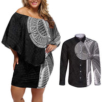 Samoan Tatau Couples Matching Off Shoulder Short Dress and Long Sleeve Button Shirt Art Tribal Traditional Tattoos LT03 Black - Polynesian Pride