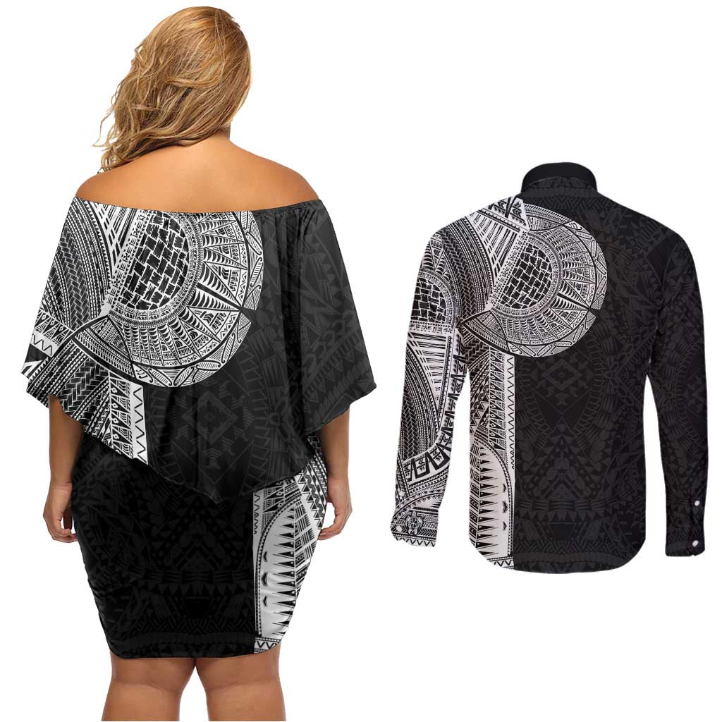 Samoan Tatau Couples Matching Off Shoulder Short Dress and Long Sleeve Button Shirt Art Tribal Traditional Tattoos LT03 - Polynesian Pride