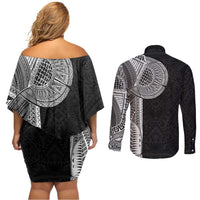 Samoan Tatau Couples Matching Off Shoulder Short Dress and Long Sleeve Button Shirt Art Tribal Traditional Tattoos LT03 - Polynesian Pride