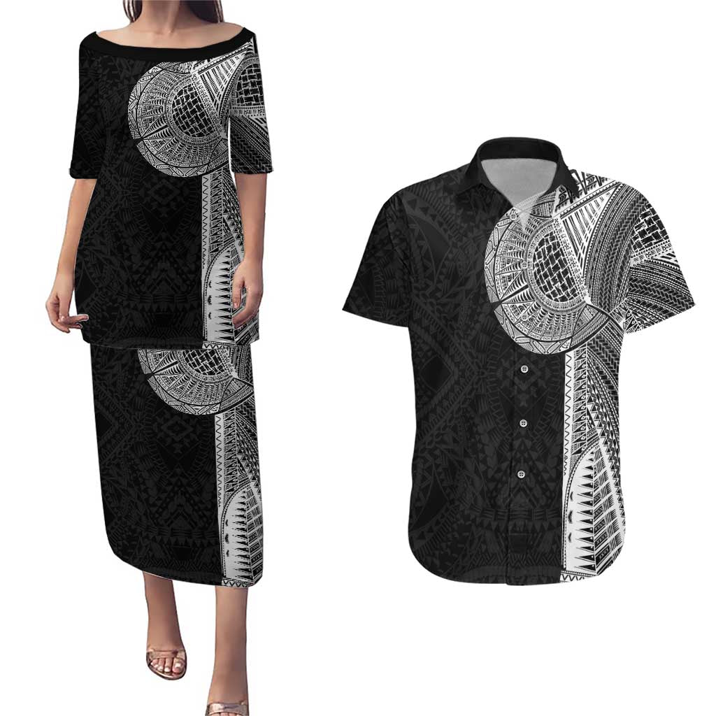 Samoan Tatau Couples Matching Puletasi and Hawaiian Shirt Art Tribal Traditional Tattoos LT03 Black - Polynesian Pride
