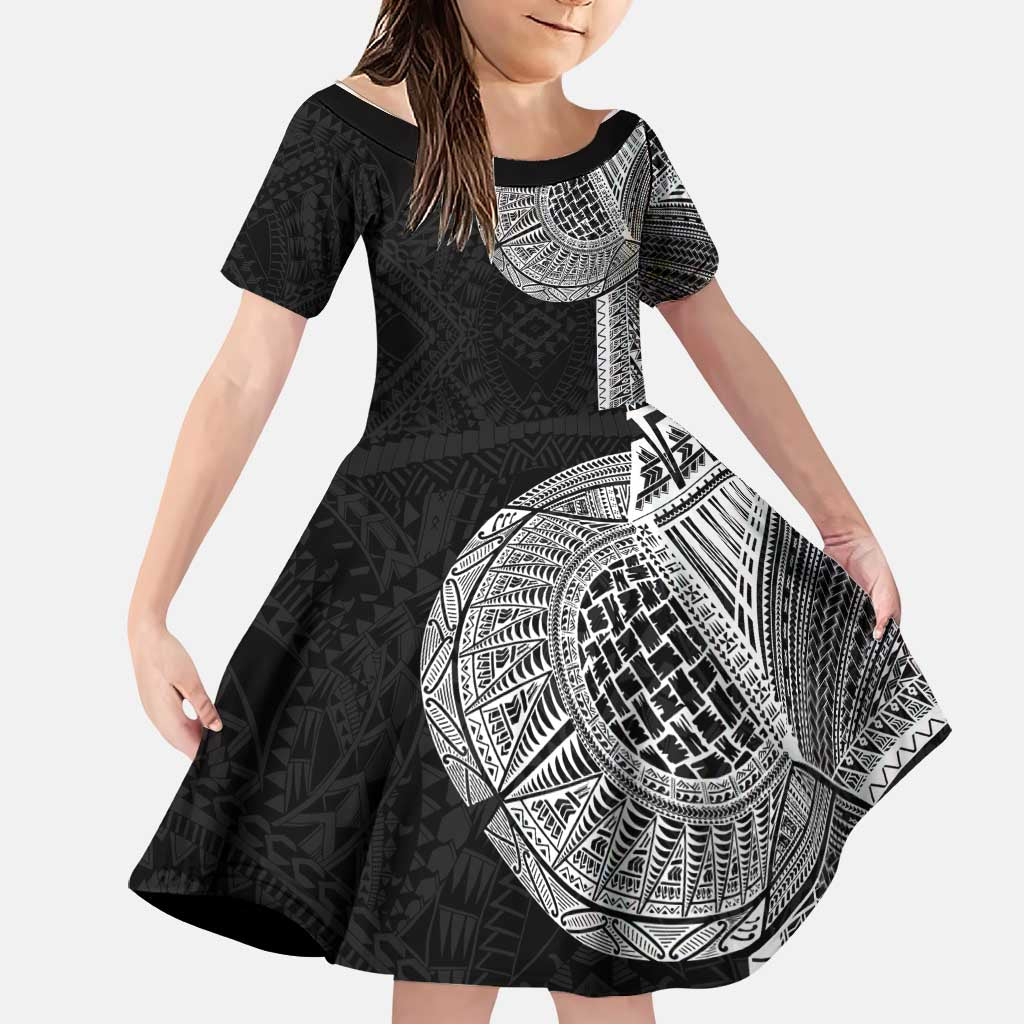 Samoan Tatau Family Matching Off The Shoulder Long Sleeve Dress and Hawaiian Shirt Art Tribal Traditional Tattoos LT03 Daughter's Dress Black - Polynesian Pride