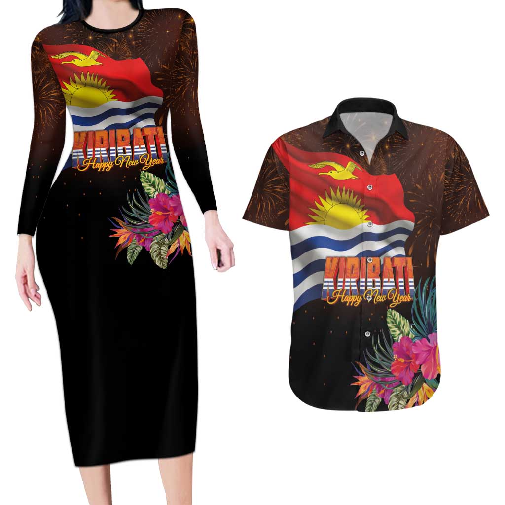 Kiribati Flag and Fireworks Couples Matching Long Sleeve Bodycon Dress and Hawaiian Shirt First Place Welcome the New Year LT03 Black - Polynesian Pride