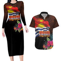 Kiribati Flag and Fireworks Couples Matching Long Sleeve Bodycon Dress and Hawaiian Shirt First Place Welcome the New Year LT03 Black - Polynesian Pride