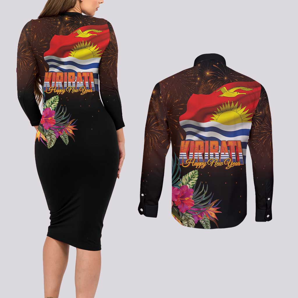 Kiribati Flag and Fireworks Couples Matching Long Sleeve Bodycon Dress and Long Sleeve Button Shirt First Place Welcome the New Year LT03 - Polynesian Pride