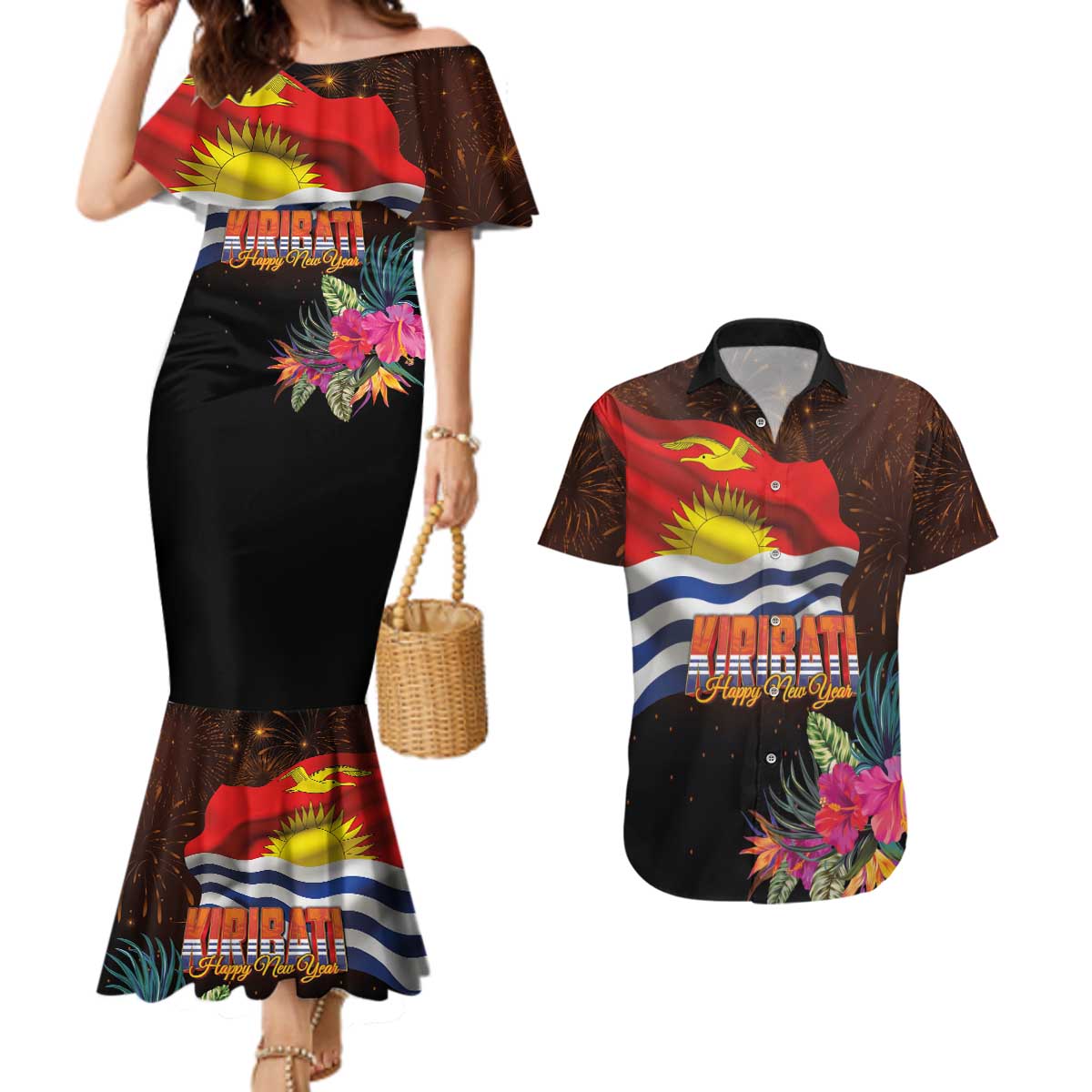 Kiribati Flag and Fireworks Couples Matching Mermaid Dress and Hawaiian Shirt First Place Welcome the New Year - Polynesian Pride